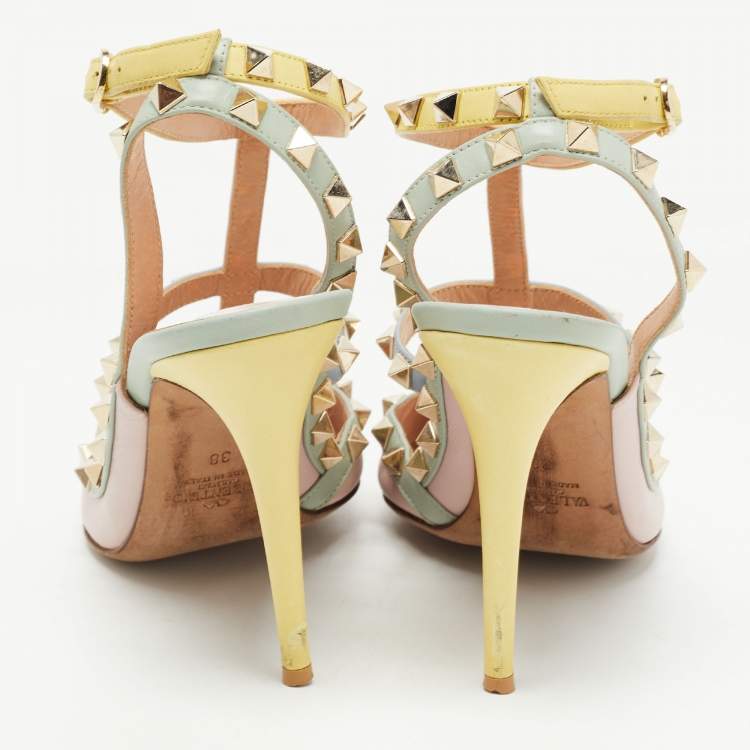 Pre Owned Valentino Multi Color Leather Rockstud  Strappy Pumps Size 38