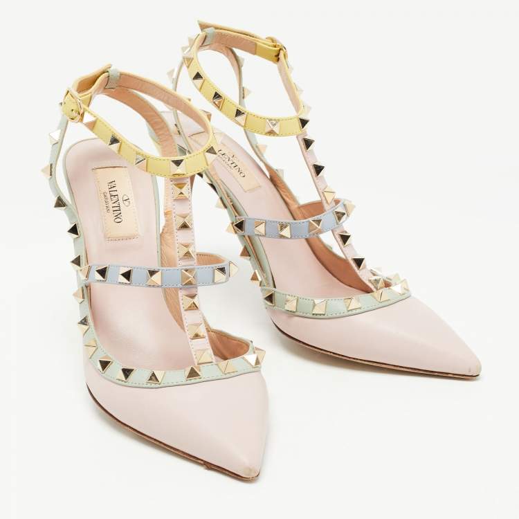 Pre Owned Valentino Multi Color Leather Rockstud  Strappy Pumps Size 38