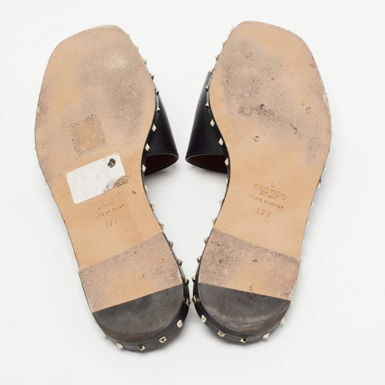 Pre Owned Valentino Black Leather Soul Rockstud Flat Slides Size 37.5