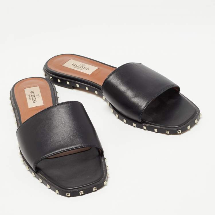 Pre Owned Valentino Black Leather Soul Rockstud Flat Slides Size 37.5