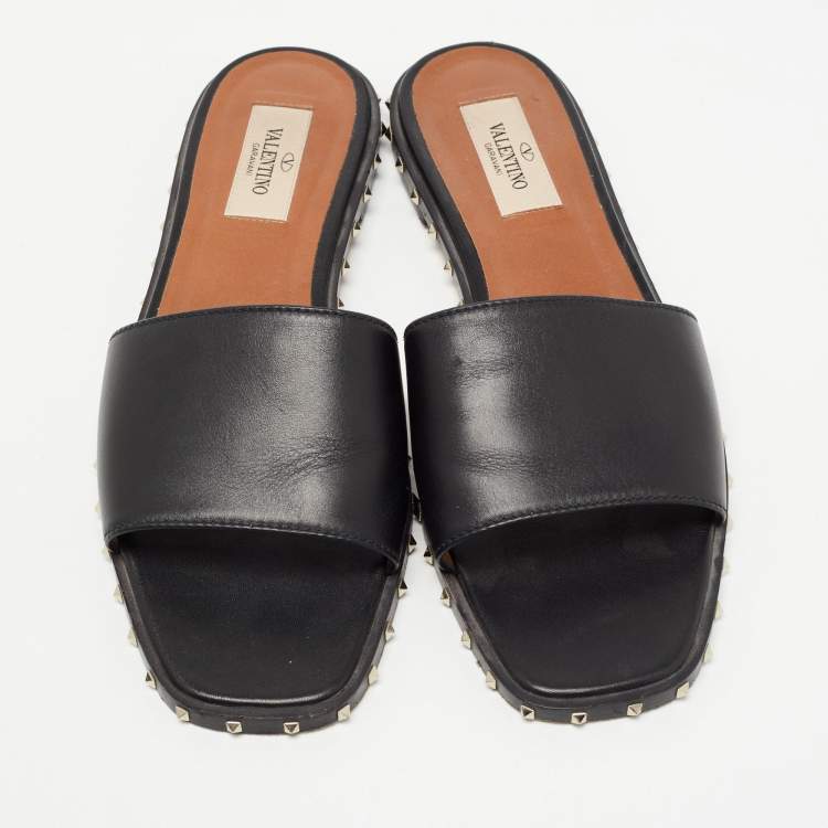 Pre Owned Valentino Black Leather Soul Rockstud Flat Slides Size 37.5