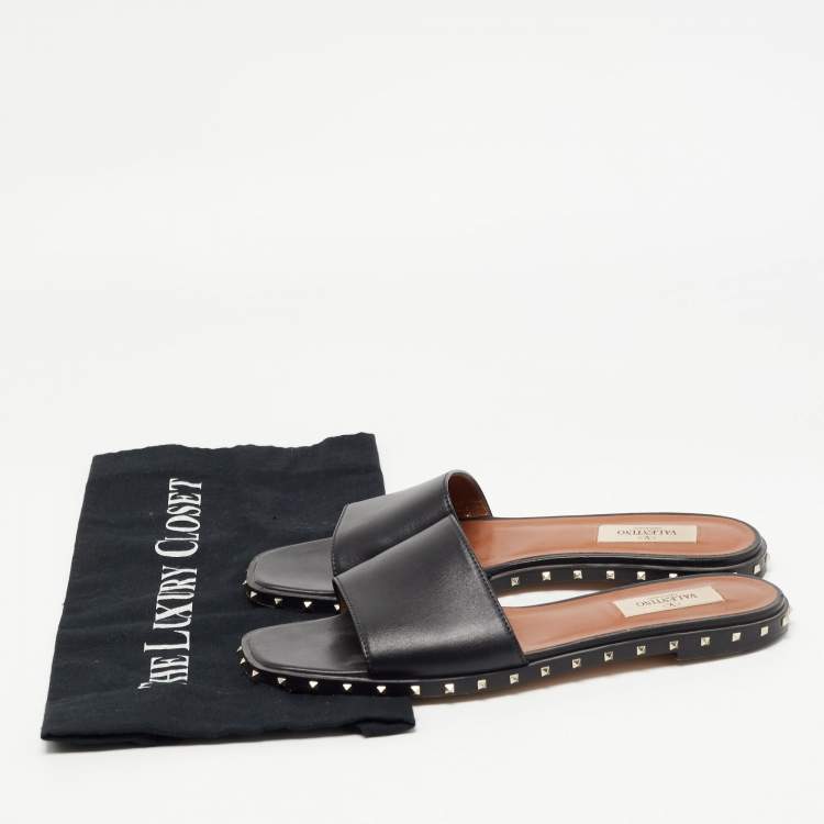 Pre Owned Valentino Black Leather Soul Rockstud Flat Slides Size 37.5