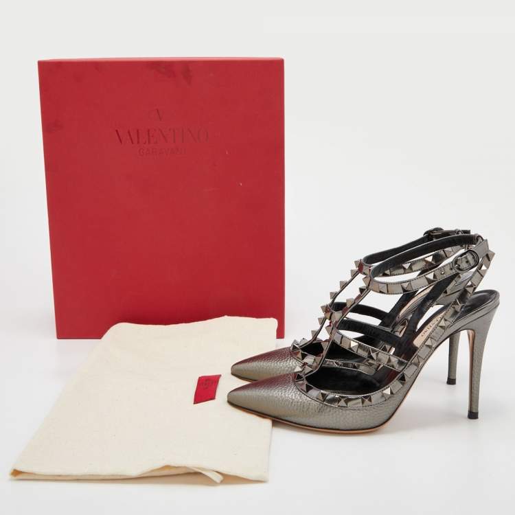 Pre Owned Valentino Metallic Grey Leather Rockstud Caged Ankle Strap Pumps Size 37.5
