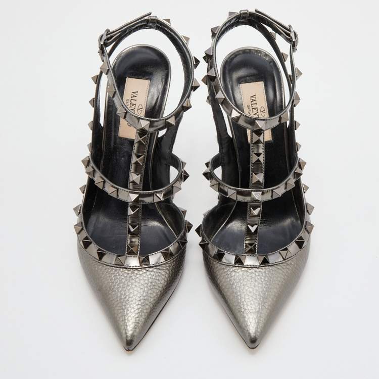 Pre Owned Valentino Metallic Grey Leather Rockstud Caged Ankle Strap Pumps Size 37.5