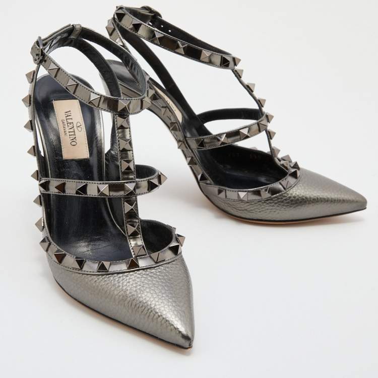 Pre Owned Valentino Metallic Grey Leather Rockstud Caged Ankle Strap Pumps Size 37.5