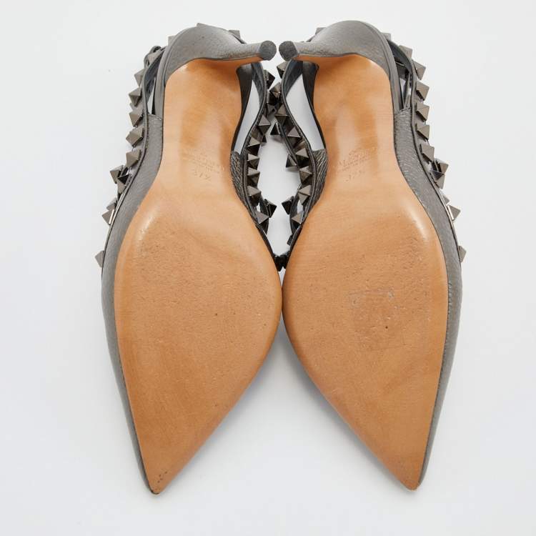 Pre Owned Valentino Metallic Grey Leather Rockstud Caged Ankle Strap Pumps Size 37.5