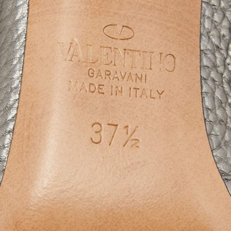 Pre Owned Valentino Metallic Grey Leather Rockstud Caged Ankle Strap Pumps Size 37.5