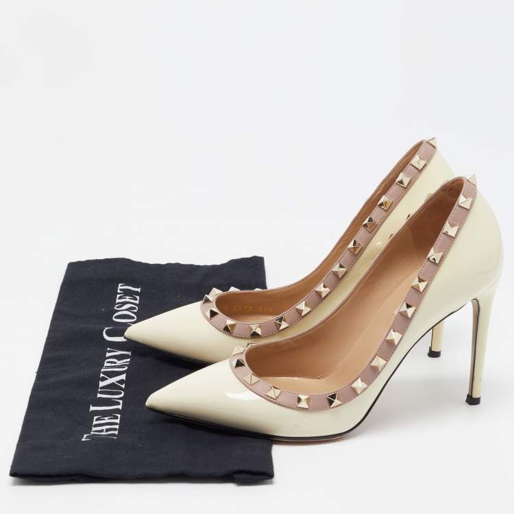 Pre Owned Valentino Cream Patent Leather Rockstud Pumps Size 37.5