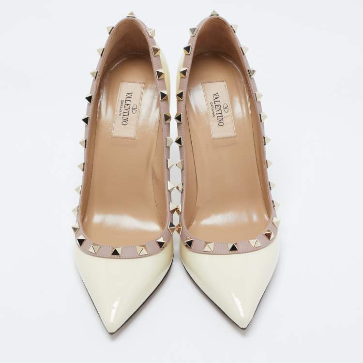 Pre Owned Valentino Cream Patent Leather Rockstud Pumps Size 37.5