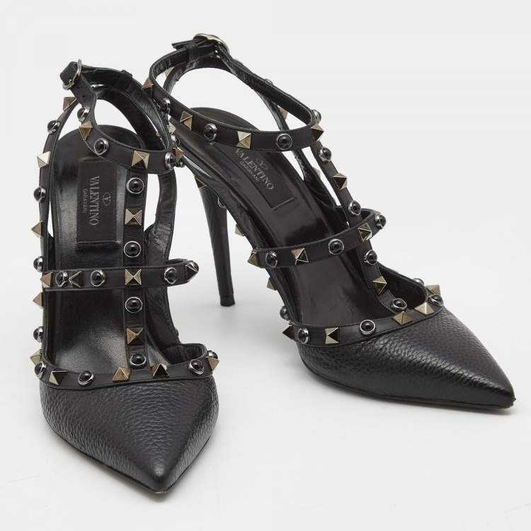 Pre Owned Valentino Black Leather Rockstud Ankle Strap Pumps Size 38.5