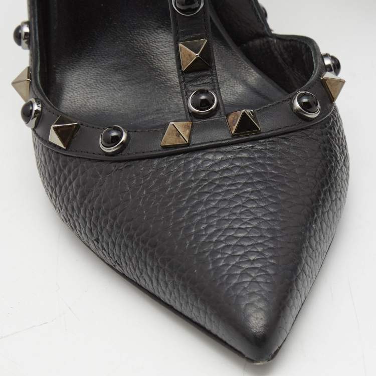 Pre Owned Valentino Black Leather Rockstud Ankle Strap Pumps Size 38.5