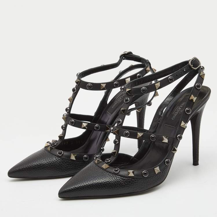 Pre Owned Valentino Black Leather Rockstud Ankle Strap Pumps Size 38.5