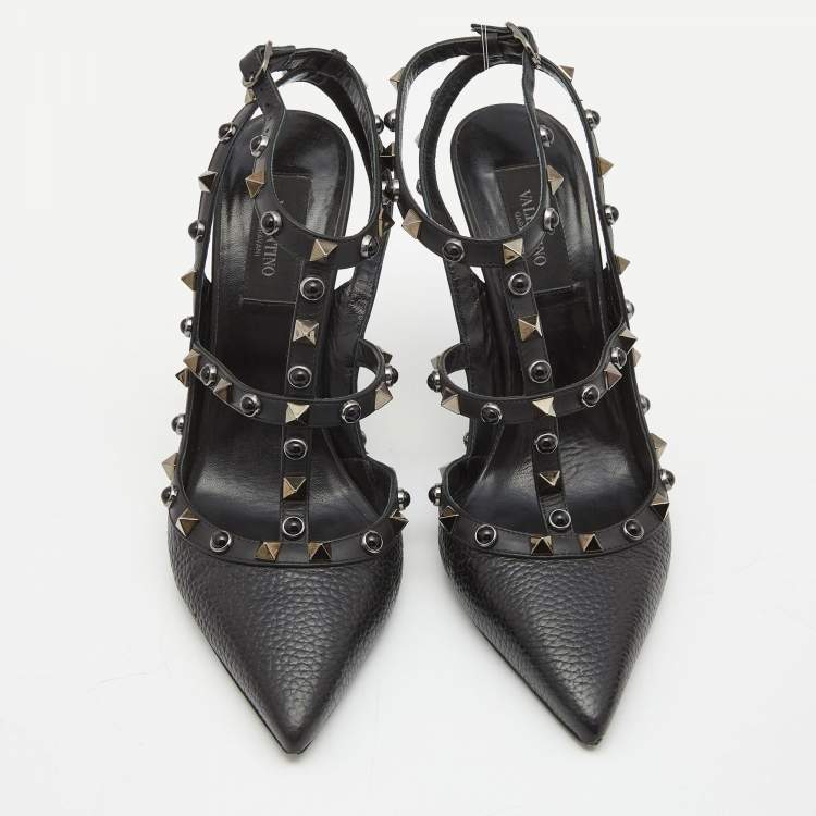 Pre Owned Valentino Black Leather Rockstud Ankle Strap Pumps Size 38.5