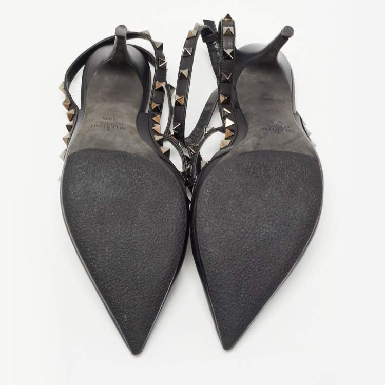 Pre Owned Valentino Black Leather Rockstud Ankle Strap Pumps Size 39.5