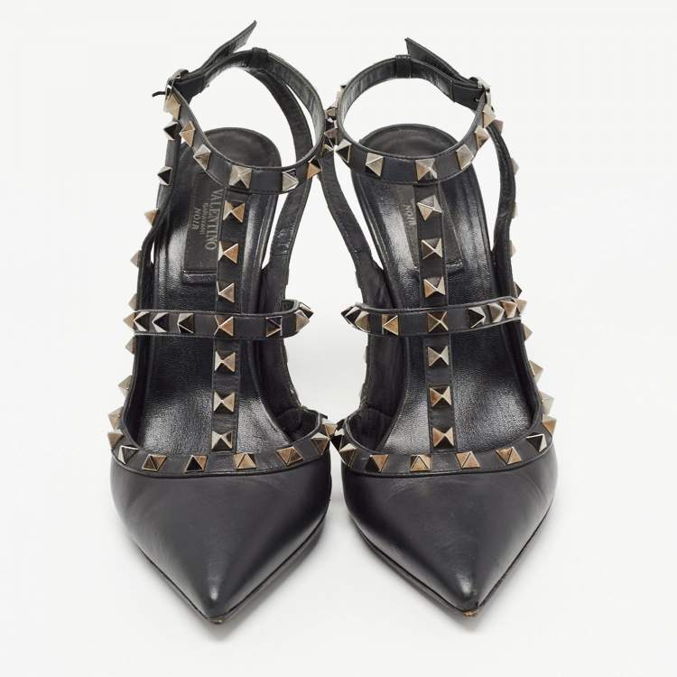 Pre Owned Valentino Black Leather Rockstud Ankle Strap Pumps Size 39.5
