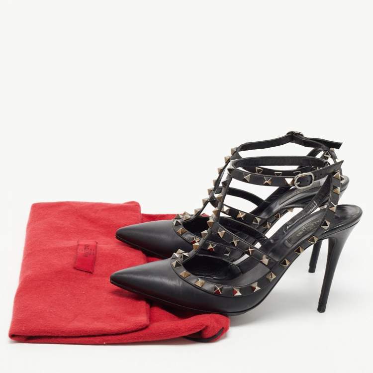 Pre Owned Valentino Black Leather Rockstud Ankle Strap Pumps Size 39.5