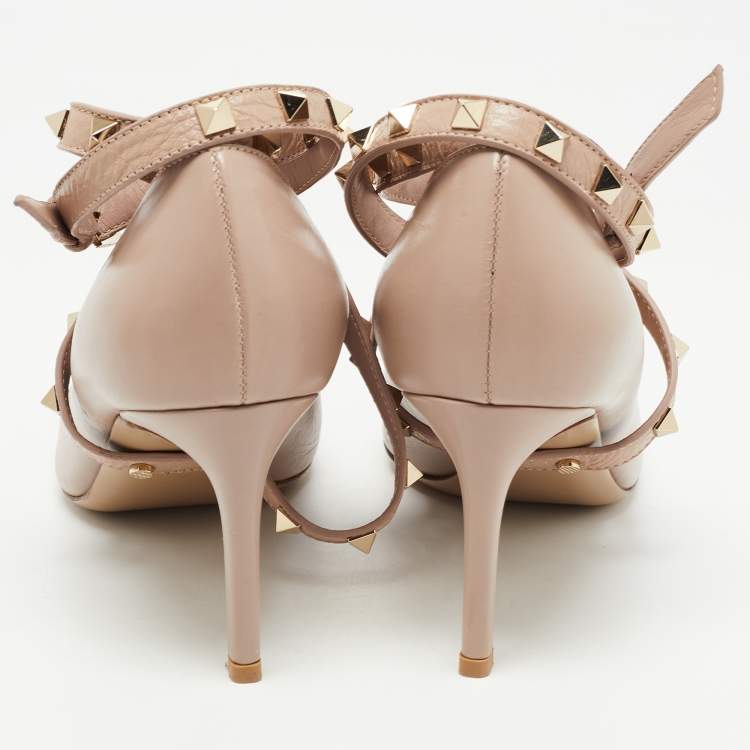 Pre Owned Valentino Dusty Pink Leather Rockstud Ankle Wrap Pointed Toe Pumps Size 37.5