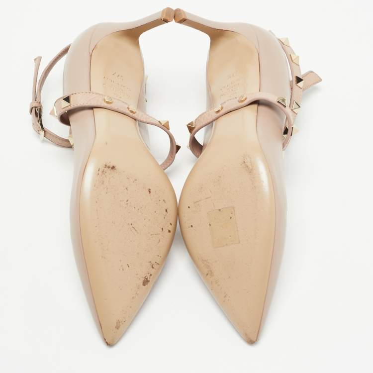 Pre Owned Valentino Dusty Pink Leather Rockstud Ankle Wrap Pointed Toe Pumps Size 37.5