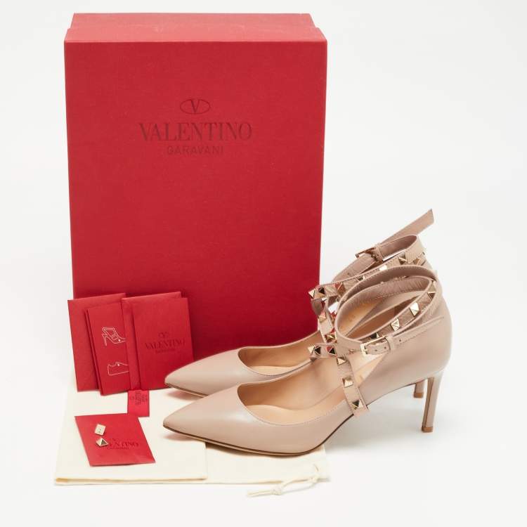 Pre Owned Valentino Dusty Pink Leather Rockstud Ankle Wrap Pointed Toe Pumps Size 37.5