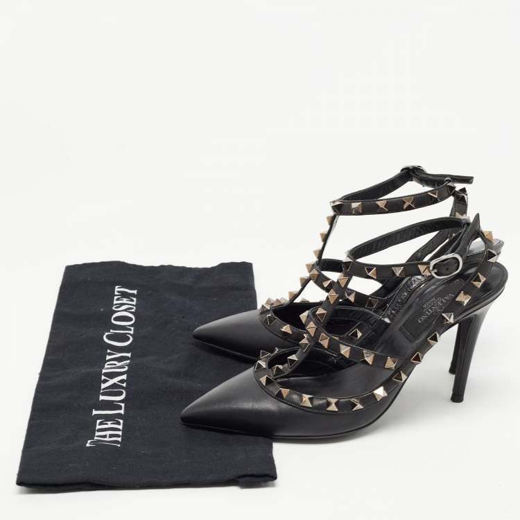 Pre Owned Valentino Black Leather Rockstud Ankle Strap Pumps Size 35.5