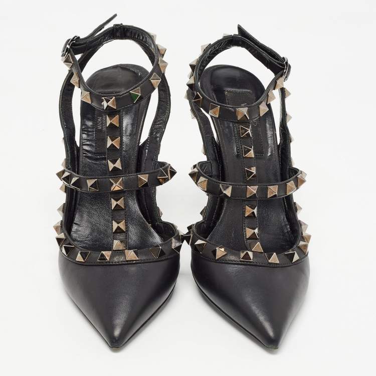 Pre Owned Valentino Black Leather Rockstud Ankle Strap Pumps Size 35.5