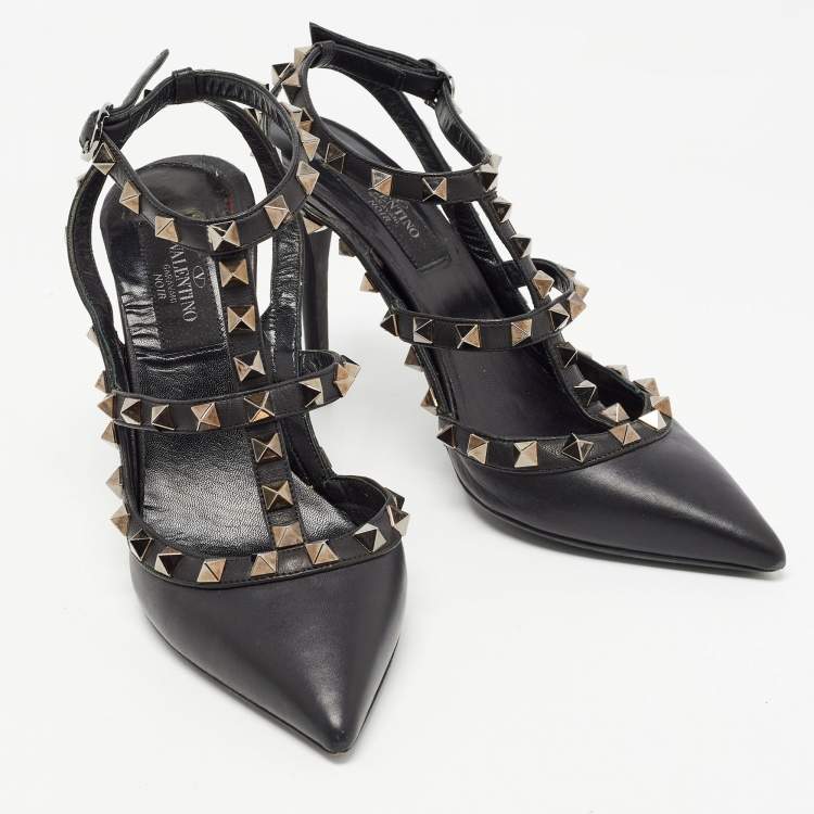 Pre Owned Valentino Black Leather Rockstud Ankle Strap Pumps Size 35.5