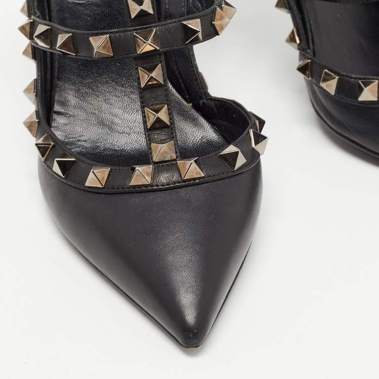 Pre Owned Valentino Black Leather Rockstud Ankle Strap Pumps Size 35.5