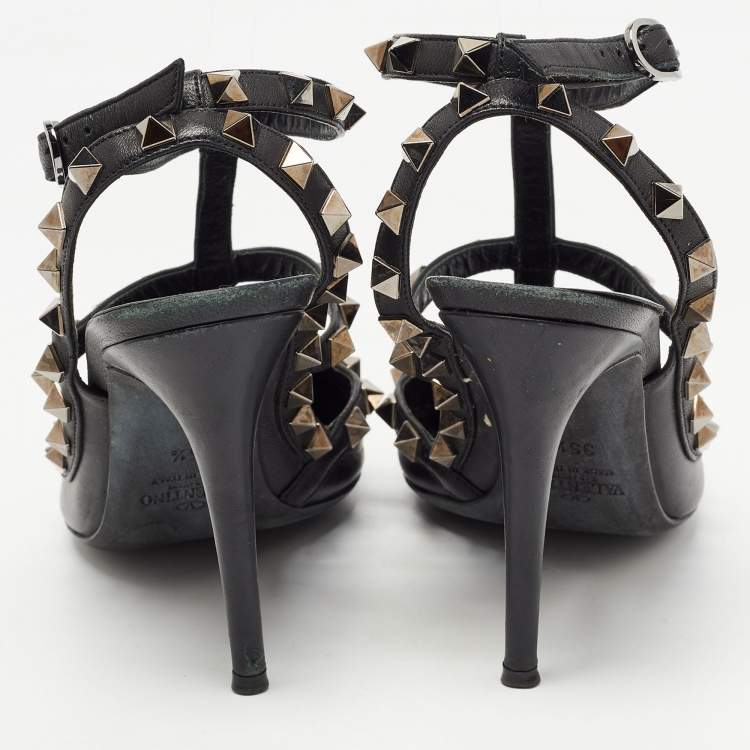 Pre Owned Valentino Black Leather Rockstud Ankle Strap Pumps Size 35.5