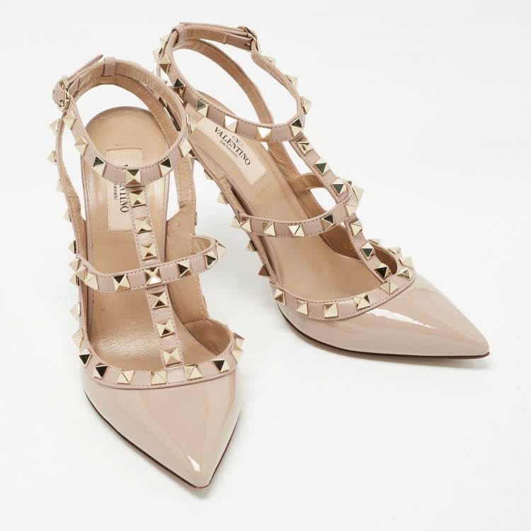 مملوكة مسبقًا Valentino Dusty Pink Patent Leather Rockstud Ankle Strap Pumps Size 37.5