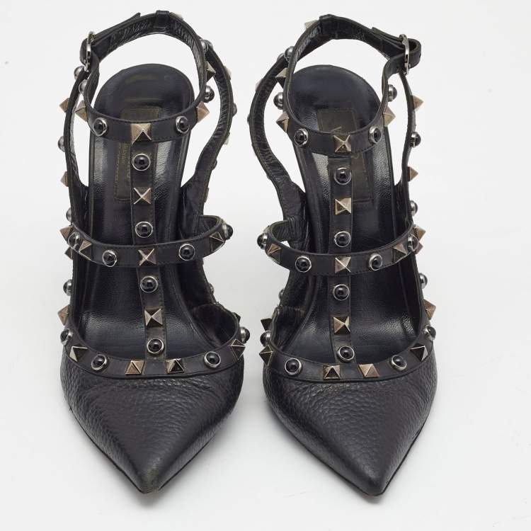 Pre Owned Valentino Black Leather Rolling Rockstud Ankle Strap Pumps Size 38