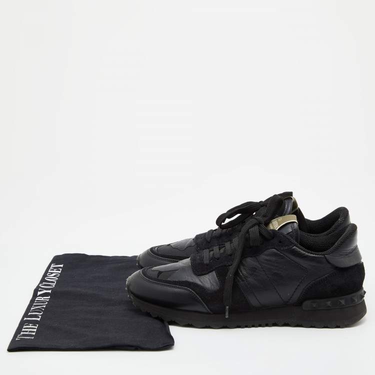 Pre Owned Valentino Black Camouflage Leather and Suede Rockstud Low Top Sneakers Size 38