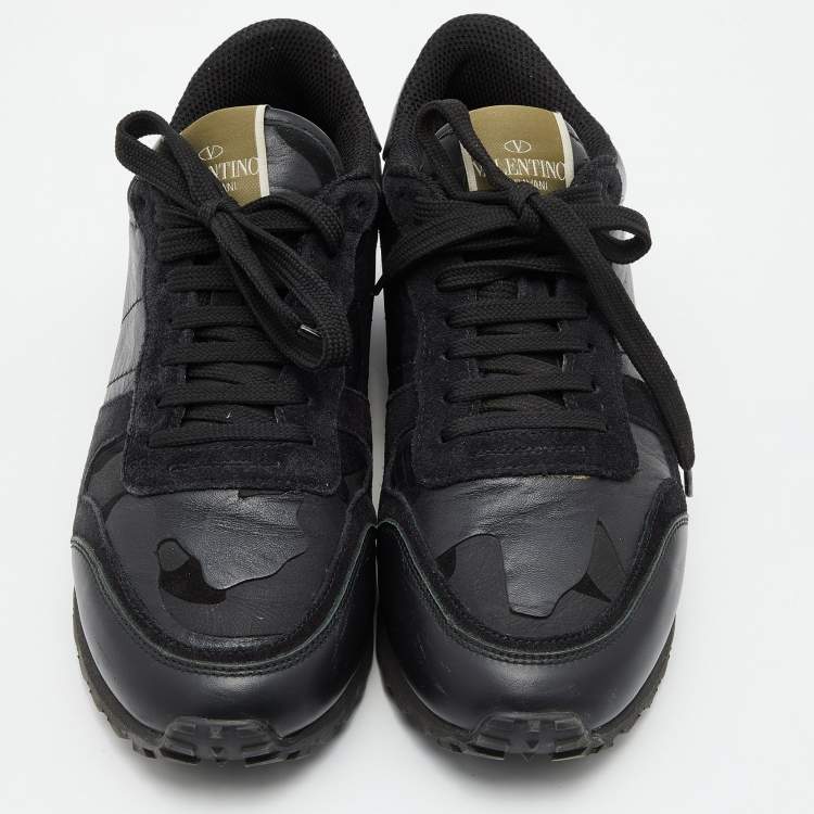 Pre Owned Valentino Black Camouflage Leather and Suede Rockstud Low Top Sneakers Size 38