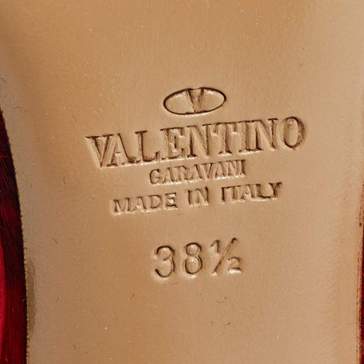 Pre Owned Valentino Red Leopard Print Calf Hair and Leather Rockstud Ankle Strap Pumps Size 38.5