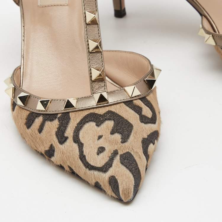 Pre Owned Valentino Brown/Beige Calf Hair and Leather Ankle Strap Rockstud Pumps Size 38.5