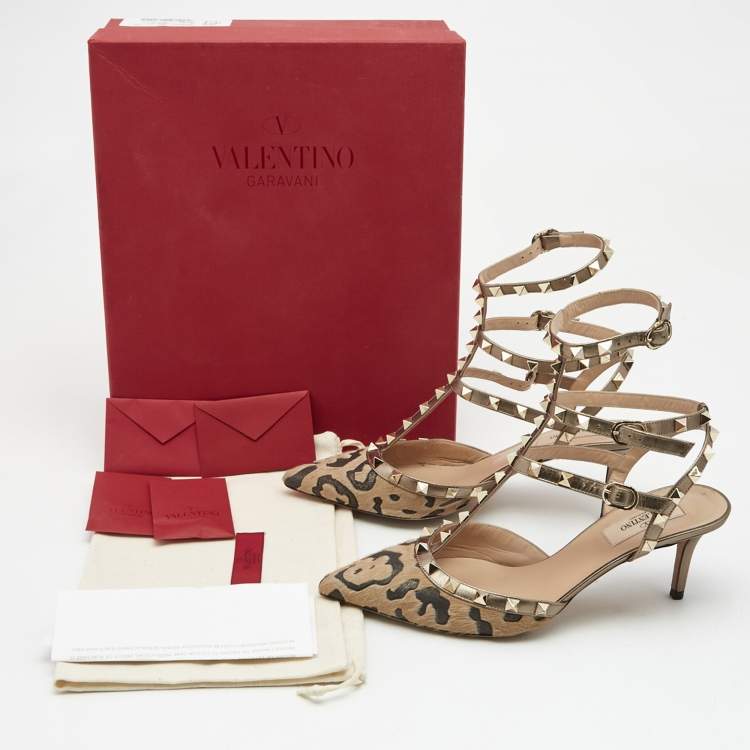 Pre Owned Valentino Brown/Beige Calf Hair and Leather Ankle Strap Rockstud Pumps Size 38.5