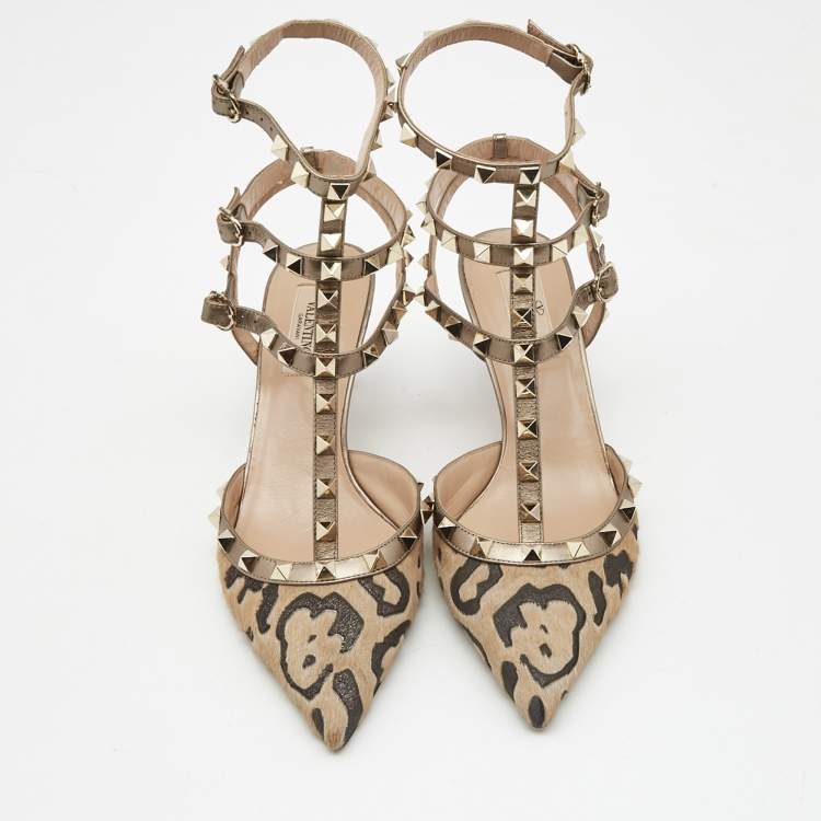 Pre Owned Valentino Brown/Beige Calf Hair and Leather Ankle Strap Rockstud Pumps Size 38.5