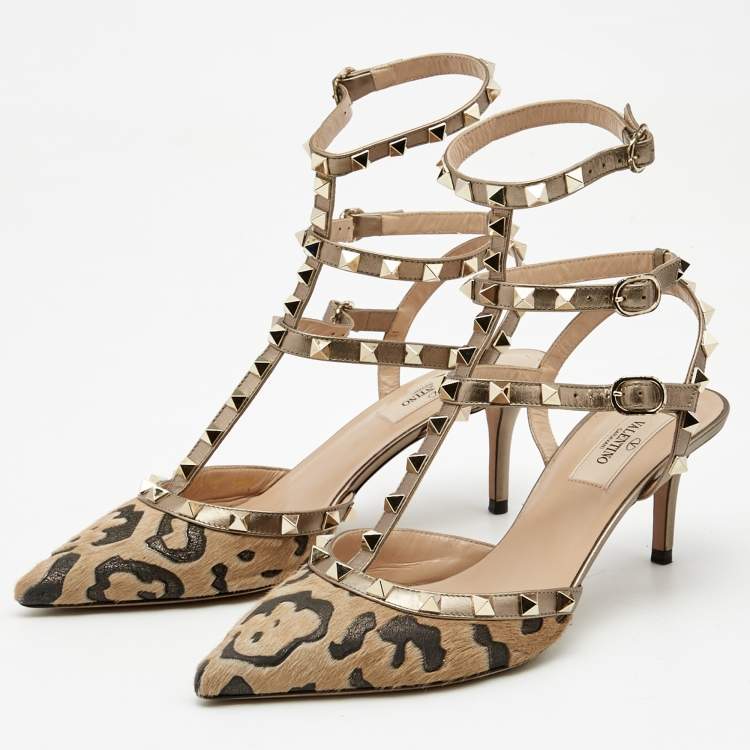 Pre Owned Valentino Brown/Beige Calf Hair and Leather Ankle Strap Rockstud Pumps Size 38.5