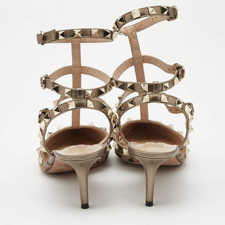 Pre Owned Valentino Brown/Beige Calf Hair and Leather Ankle Strap Rockstud Pumps Size 38.5