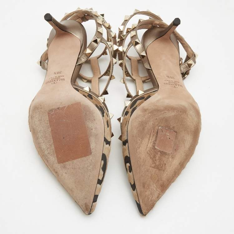 Pre Owned Valentino Brown/Beige Calf Hair and Leather Ankle Strap Rockstud Pumps Size 38.5