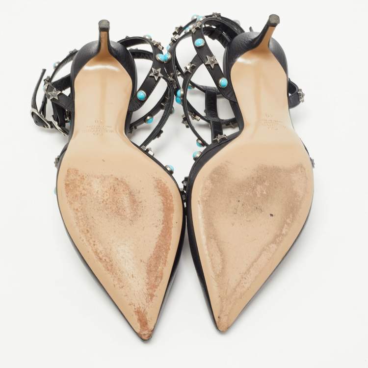 Pre Owned Valentino Black Leather Rockstud  Ankle Strap Pumps Size 40