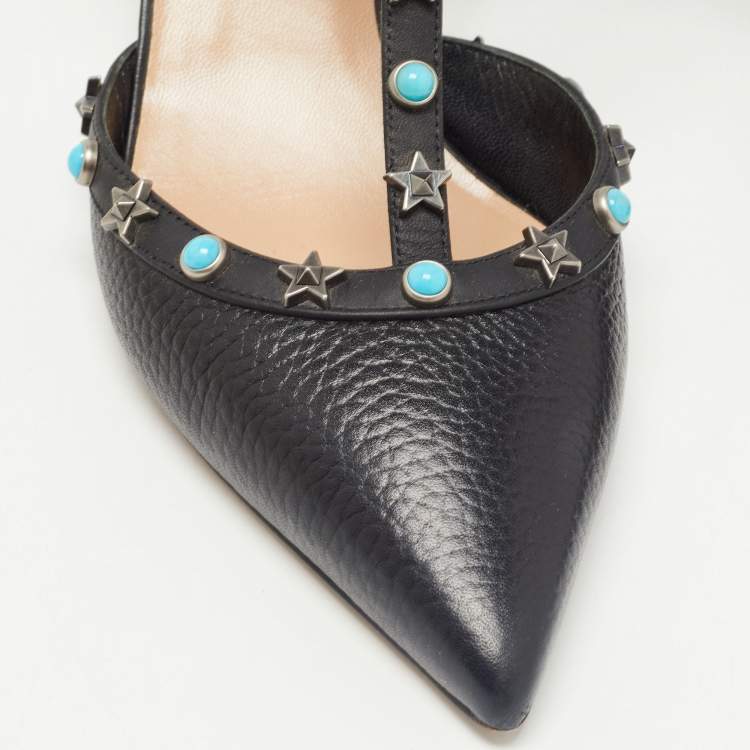 Pre Owned Valentino Black Leather Rockstud  Ankle Strap Pumps Size 40