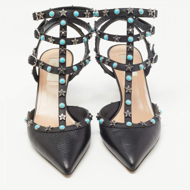 Pre Owned Valentino Black Leather Rockstud  Ankle Strap Pumps Size 40