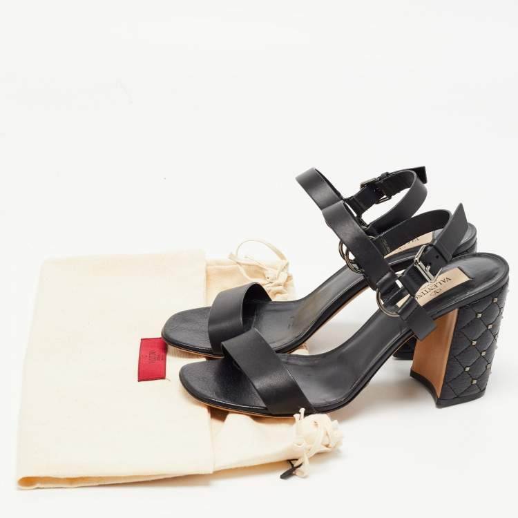 Pre Owned Valentino Black Leather Studded Heel Ankle Strap Sandals Size 37