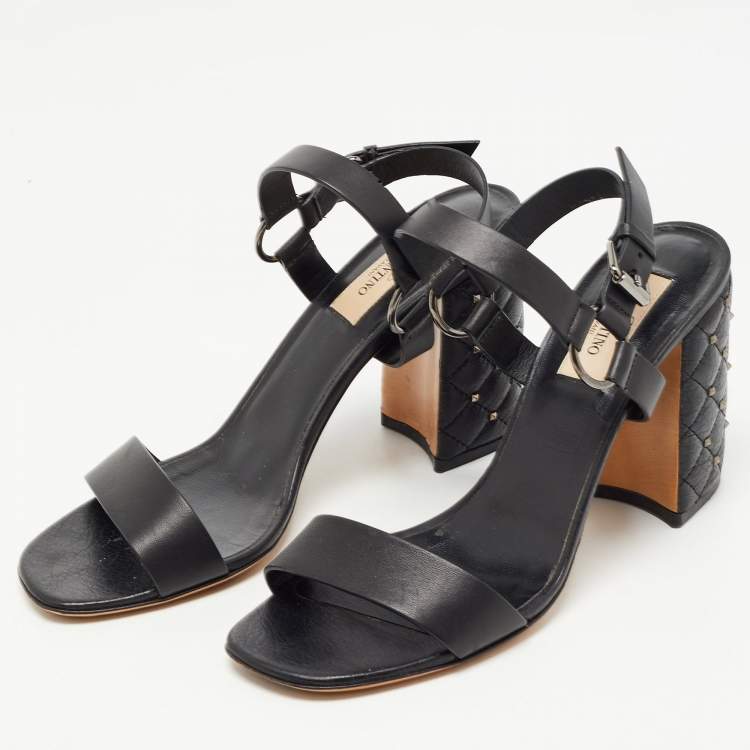 Pre Owned Valentino Black Leather Studded Heel Ankle Strap Sandals Size 37