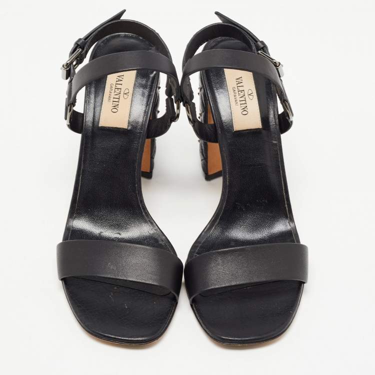 Pre Owned Valentino Black Leather Studded Heel Ankle Strap Sandals Size 37