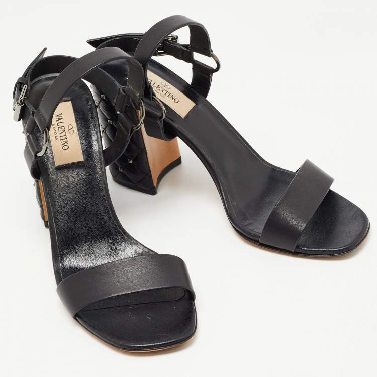Pre Owned Valentino Black Leather Studded Heel Ankle Strap Sandals Size 37