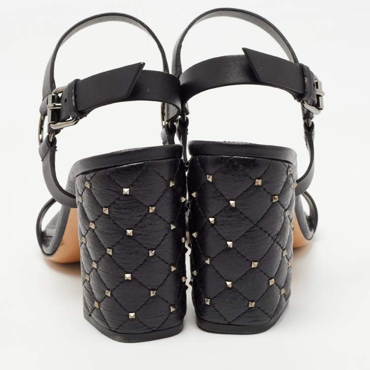 Pre Owned Valentino Black Leather Studded Heel Ankle Strap Sandals Size 37