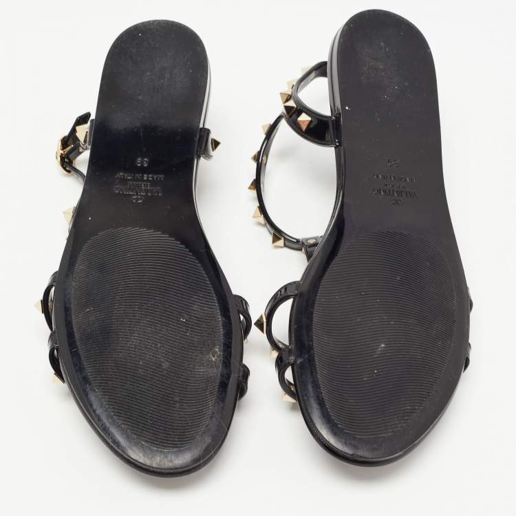 Pre Owned Valentino Black Rubber Rockstud Ankle Strap Flat Sandals Size 39