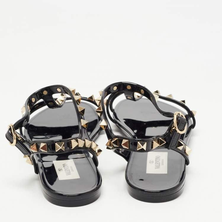 Pre Owned Valentino Black Rubber Rockstud Ankle Strap Flat Sandals Size 39