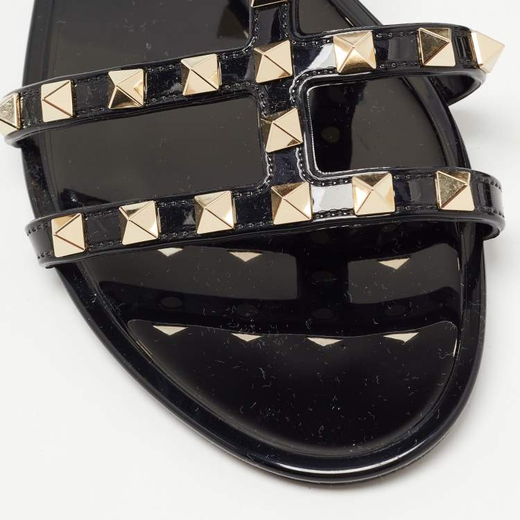 Pre Owned Valentino Black Rubber Rockstud Ankle Strap Flat Sandals Size 39